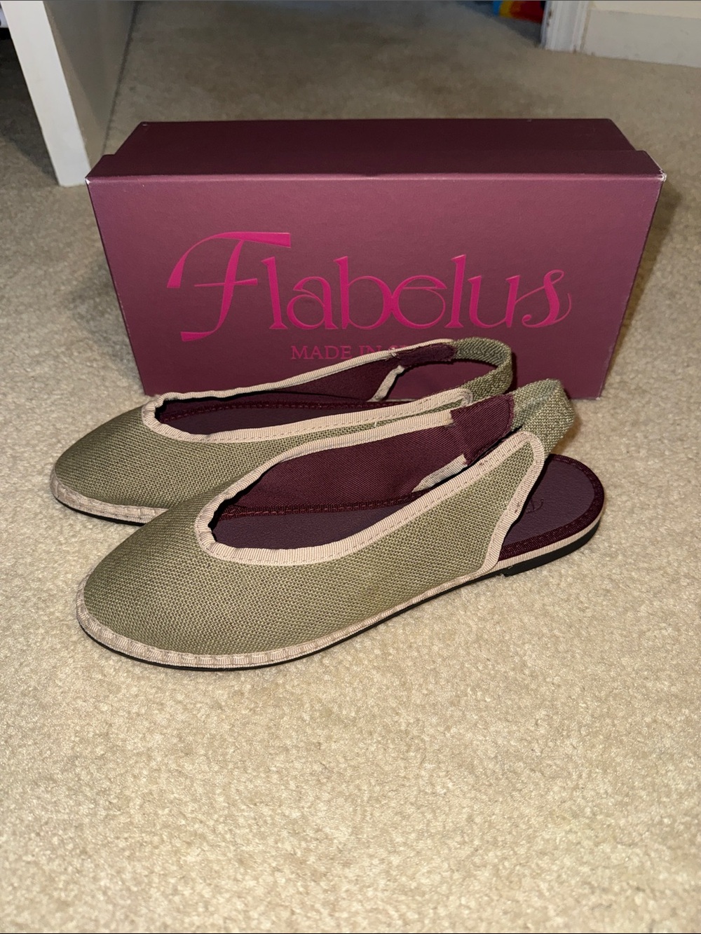 Flabelus Olive Canvas Slingback Flats with Beige Trim